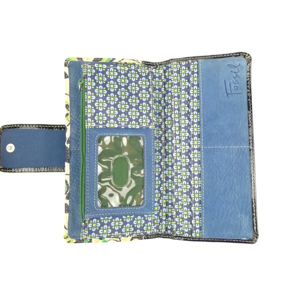 Fossil Womens Navy Green Floral Print Snap Bifold Wallet - Picture 7 of 14